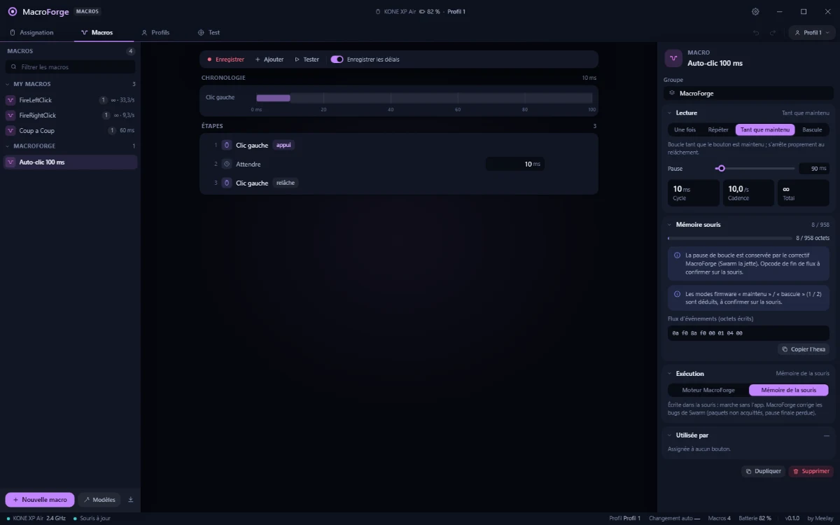 The Macros workspace: the library on the left, the timeline and steps of an auto-click macro, the playback and mouse memory cards on the right.