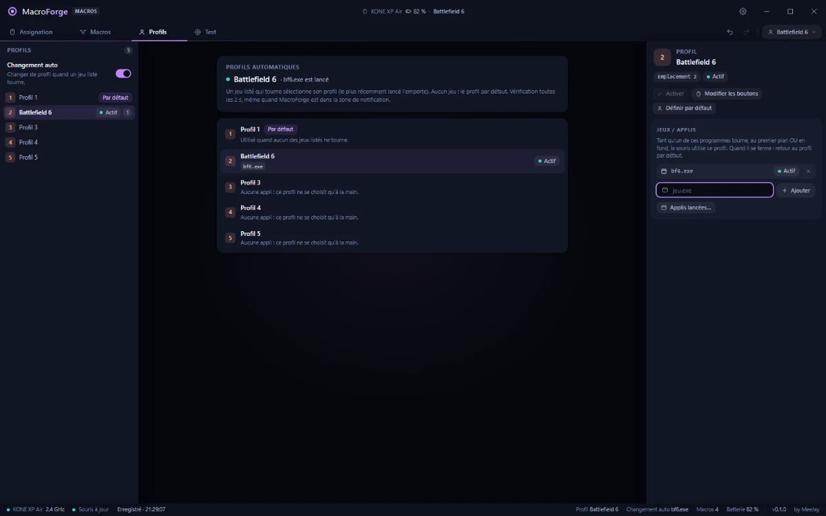 The Profiles workspace: profile 2 is active because bf6.exe is running; profile 1 is the default.
